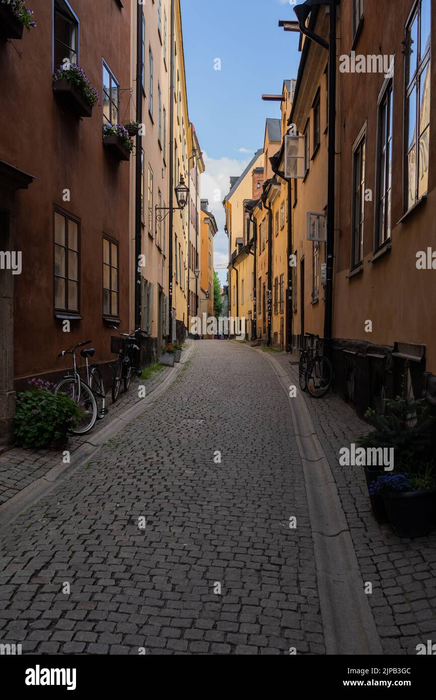 Old narrow street in Gamla Stan, Stockholm, Sweden Stock Photo