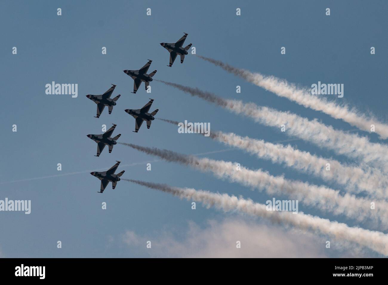 Six Air Force Thunderbird jets fly through the sky, July 27, 2022, on F