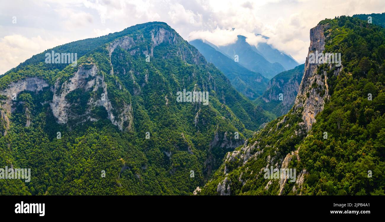 panoramic aerial shot of beautiful Leptokaria and Litochoro from Mount Olympus. High quality photo Stock Photo