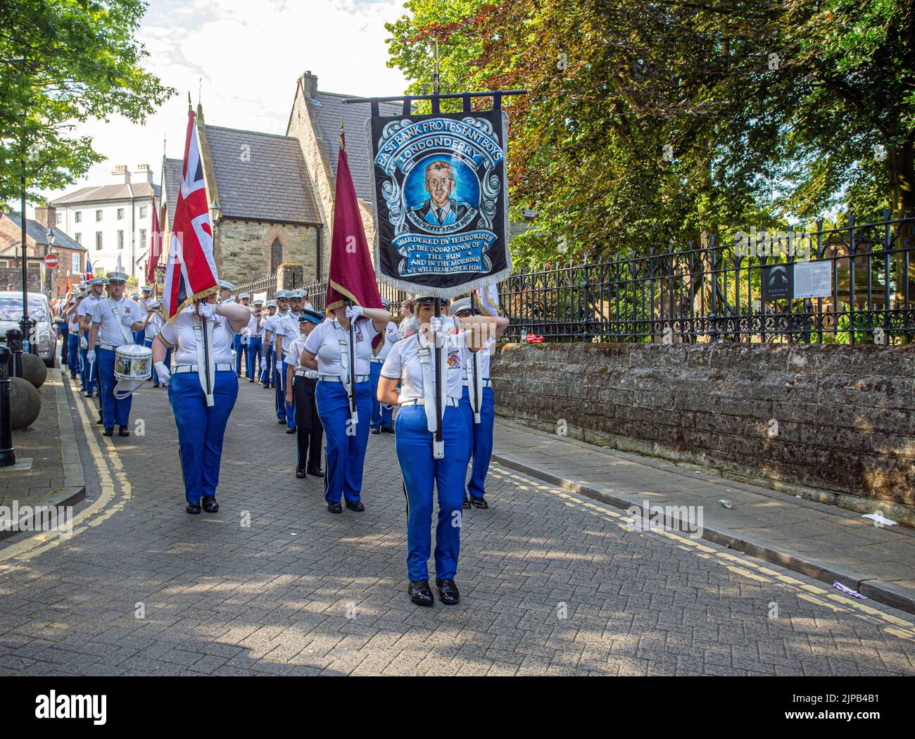 13 August 2022, Londonderry ,The East Bank Protestant Boys Flute Band taking part in the annual relief of Derry parade, the largest Loyal order parade. Stock Photo