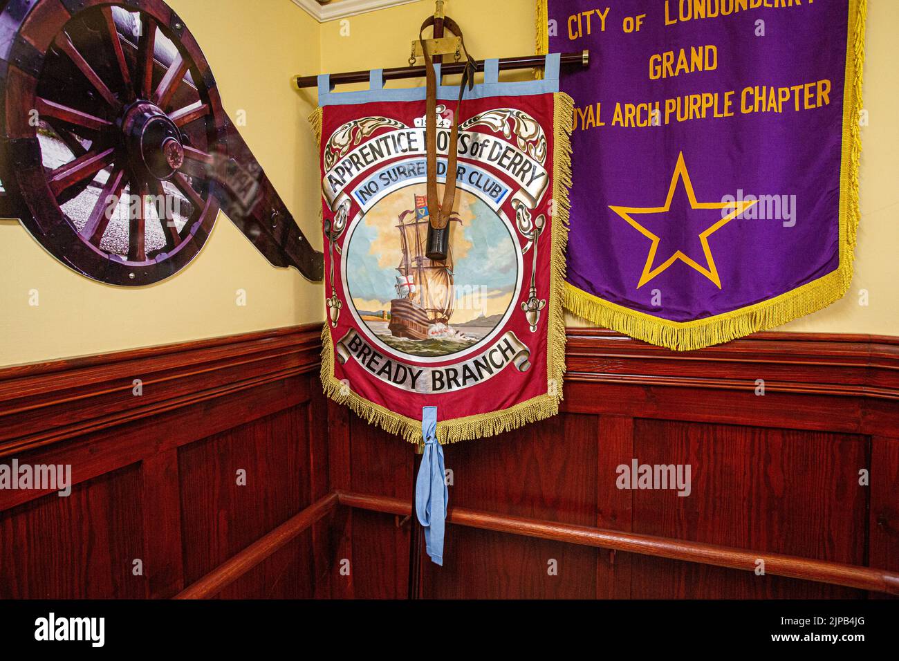 Banners of the  Apprentice Boy's of Derry haning on wall at the Apprentice Boy's Memorial Hall, Derry, Londonderry, Northern Ireland Stock Photo