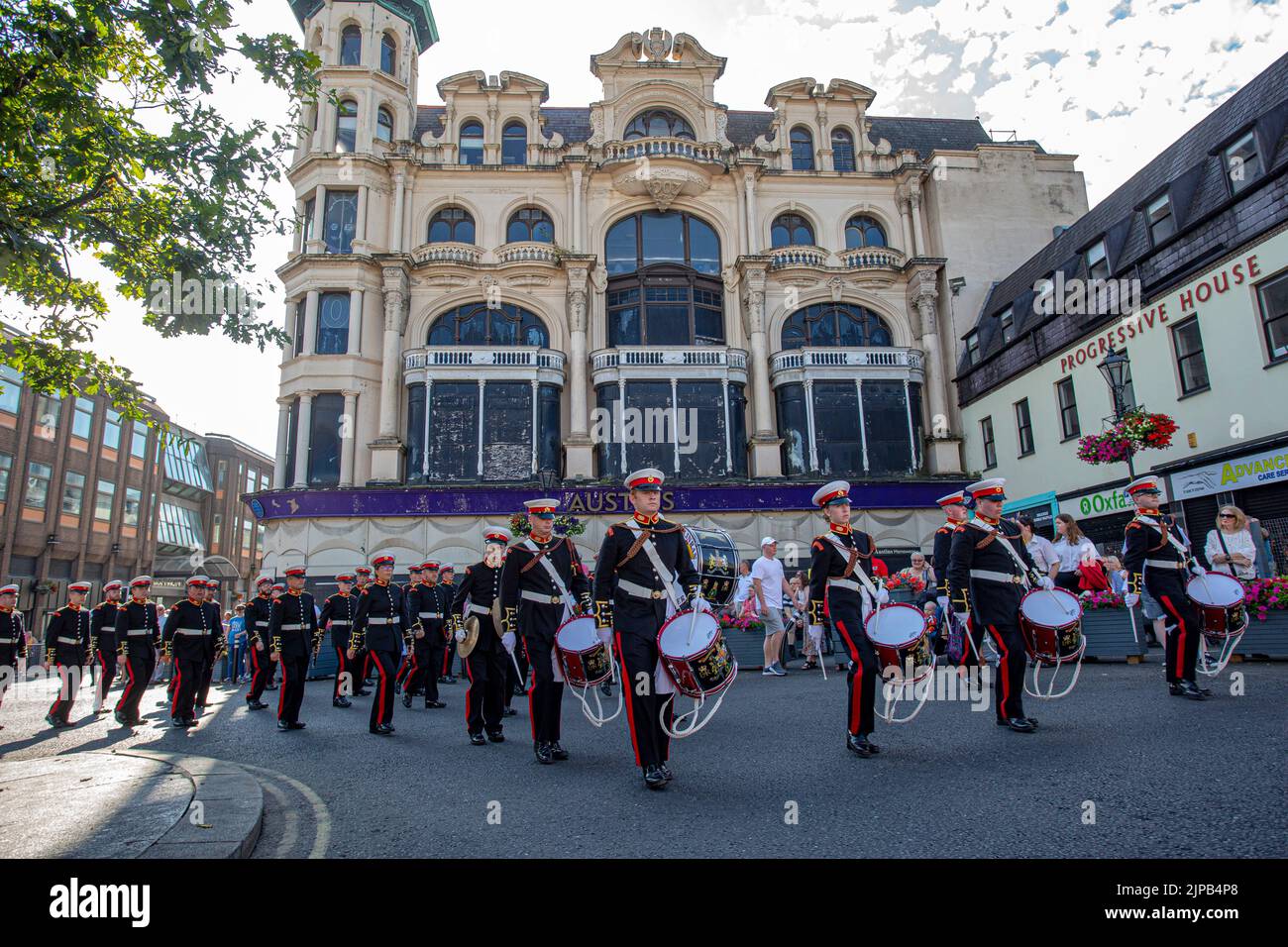 The Pride of Ballinran Flute Band from Kilkeel passes the High Street during Saturday’s Relief of Derry Celebrations. Stock Photo