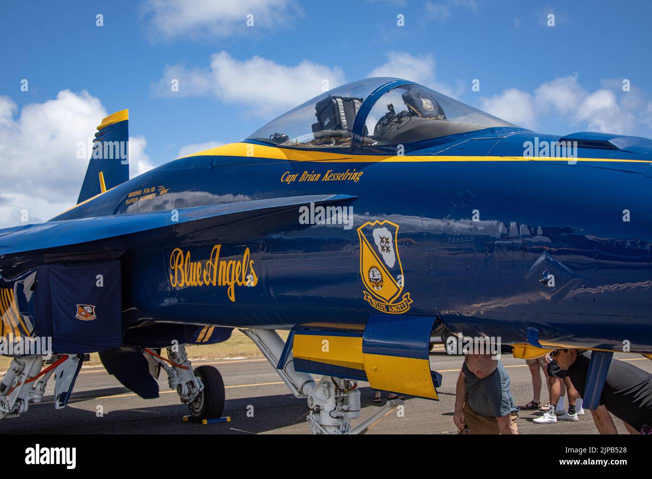 U.S. Navy Pilots, The Blue Angels, prepare for an airshow on Marine Corp Base Hawaii, Oahu, Hawaii, August 12, 2022. The airshow displayed several military aircraft for the public. (U.S. Army photo by Pfc Wyatt Moore/ 28th Public Affairs Detachment) Stock Photo