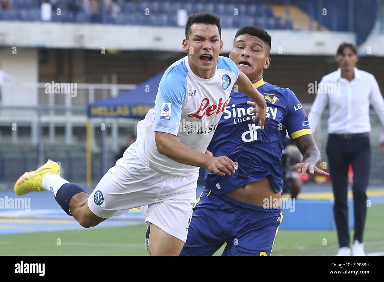 Hirving :Lozano of SSC Napoli and Bruno Amione of Hellas Verona FC during Hellas Verona vs SSC Napoli, 1° Serie A Tim 2022-23 game at Marcantonio Bent Stock Photo