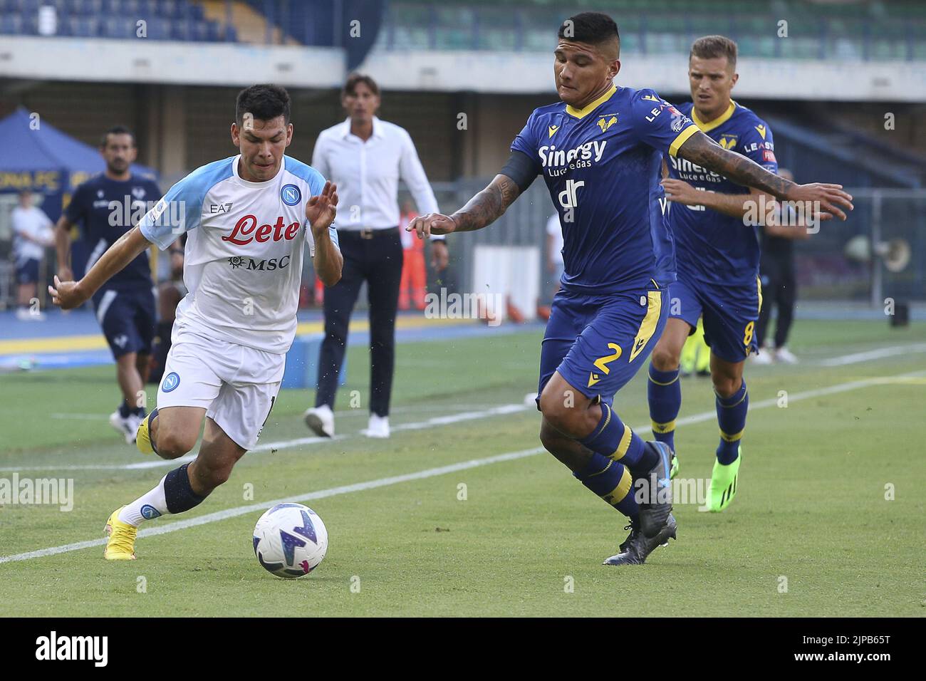 Hirving :Lozano of SSC Napoli battle for the ball with Bruno Amione of Hellas Verona FC during Hellas Verona vs SSC Napoli, 1° Serie A Tim 2022-23 gam Stock Photo