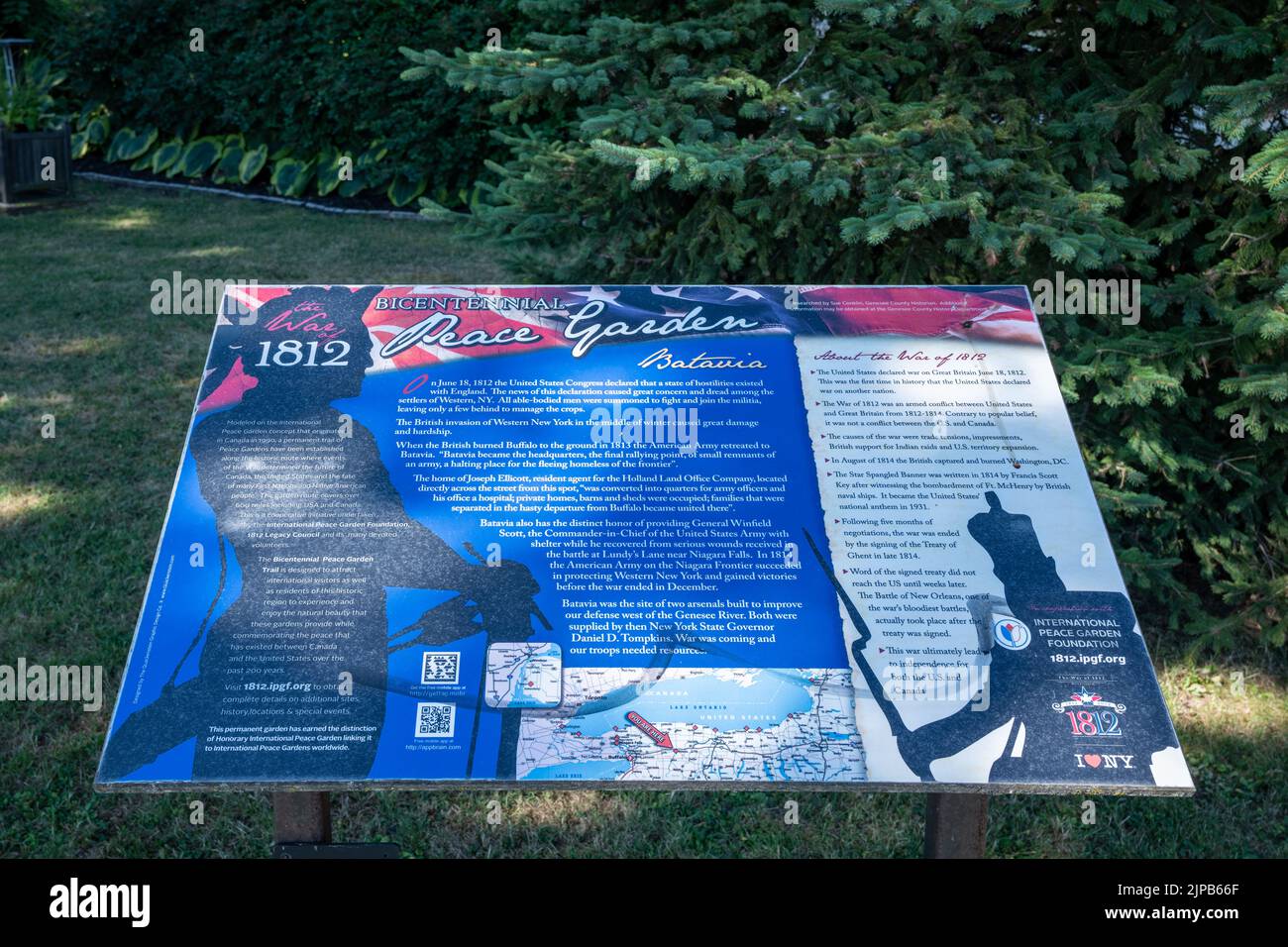 Batavia, NY - July 29, 2022: Sign at the Bicentennial Peace Garden gives the history of the War of 1812. Stock Photo