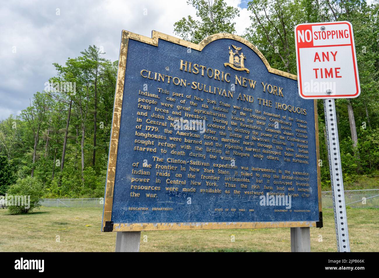Painted Post, NY - July 28, 2022: Historic New York sign at a rest area on the Southern Tier Expressway tells of Generals James Clinton and John Sulli Stock Photo
