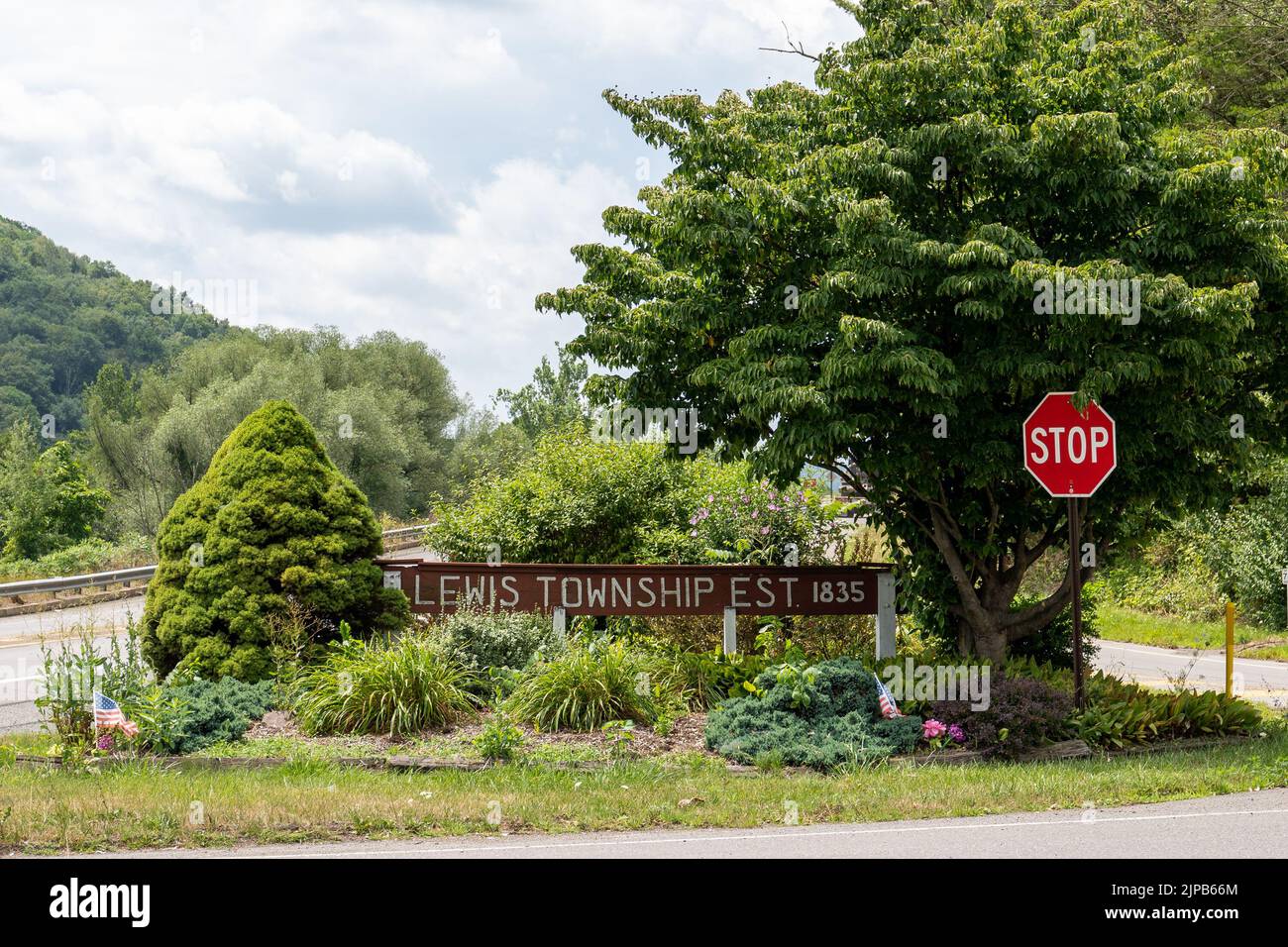 Lewis Township Est. 1835 sign in Trout Run, Pennsylvania in a small