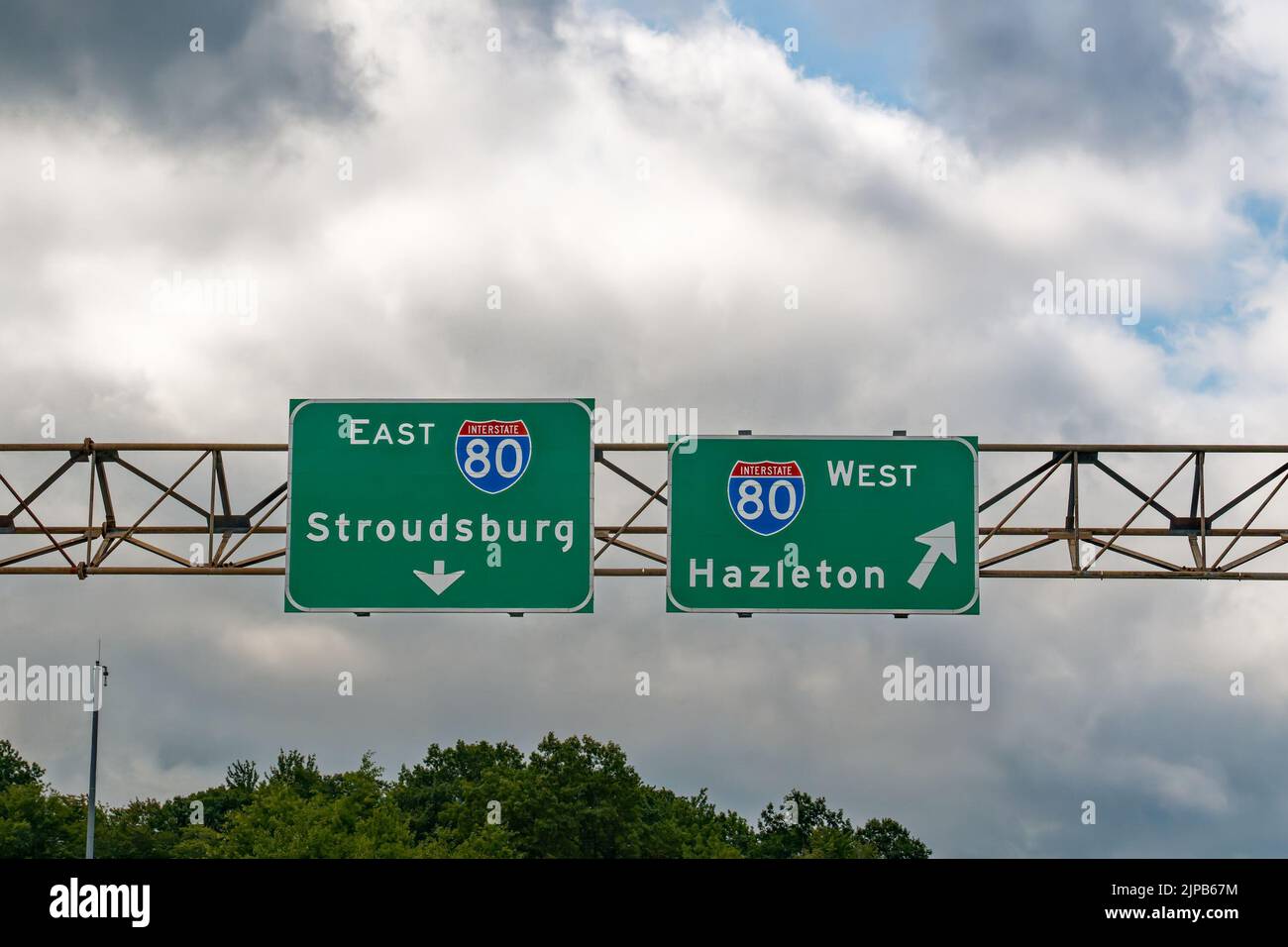 Lake Harmony, Pennsylvania - July 28, 2022: Signs at the entrance to Interstate 80 East toward Stroudsburg and West toward Hazleton Stock Photo