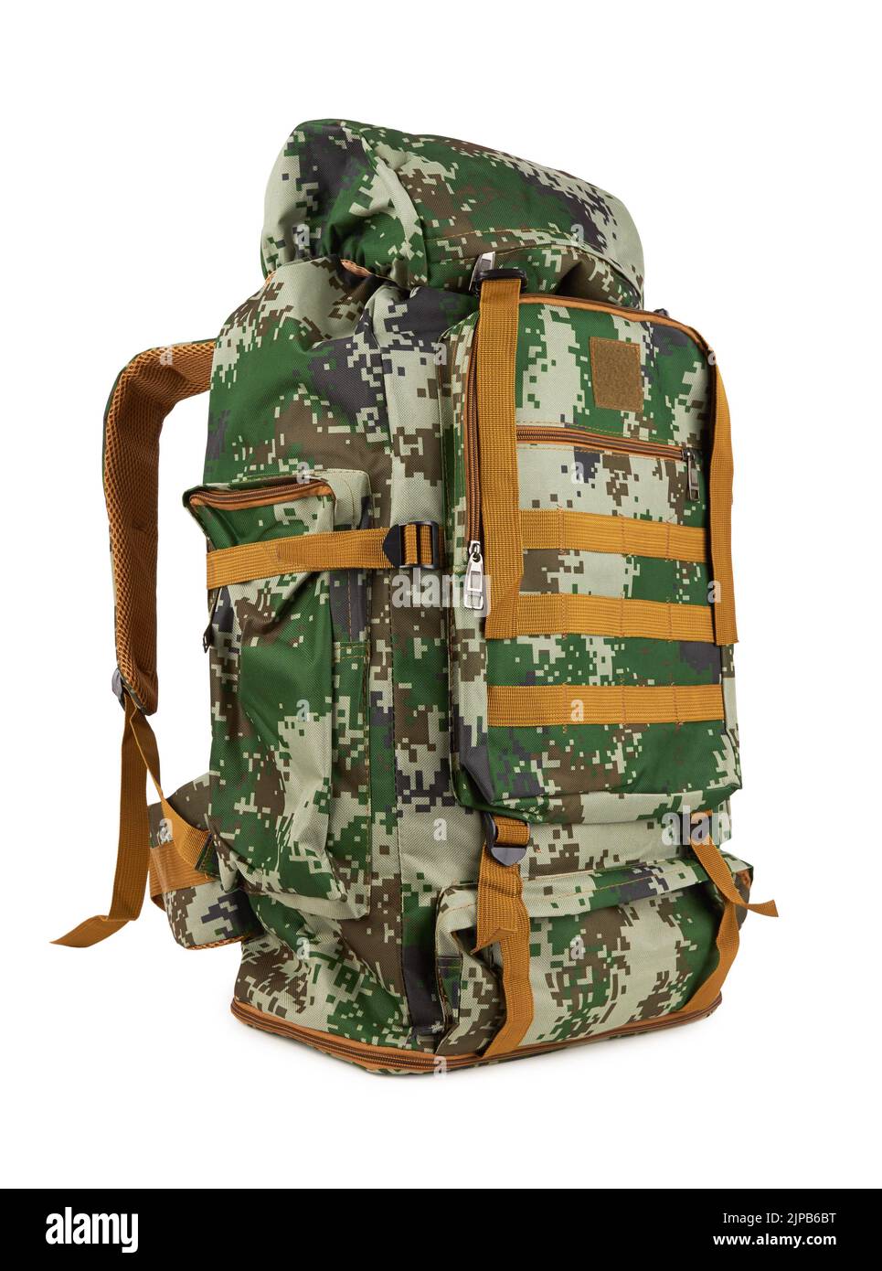 Camouflage backpack for the forest and military backpack isolated n white Stock Photo