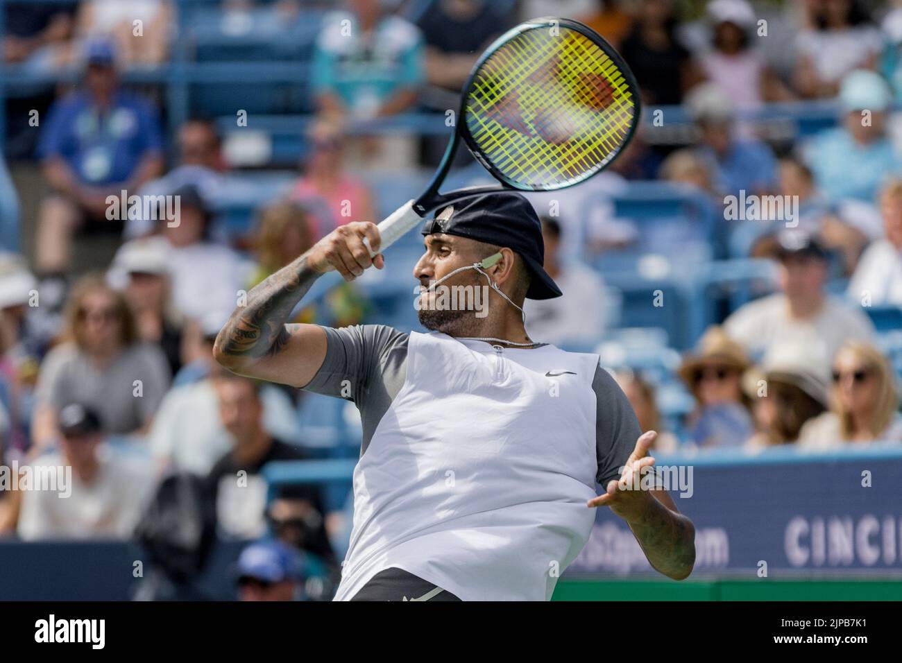 Mason, Ohio, USA. 16th Aug, 2022. Nick Kyrgios (AUS) hits a forehand shot during TuesdayÃs first round of the Western and Southern Open at the Lindner Family Tennis Center, Mason, Oh. (Credit Image: © Scott Stuart/ZUMA Press Wire) Stock Photo
