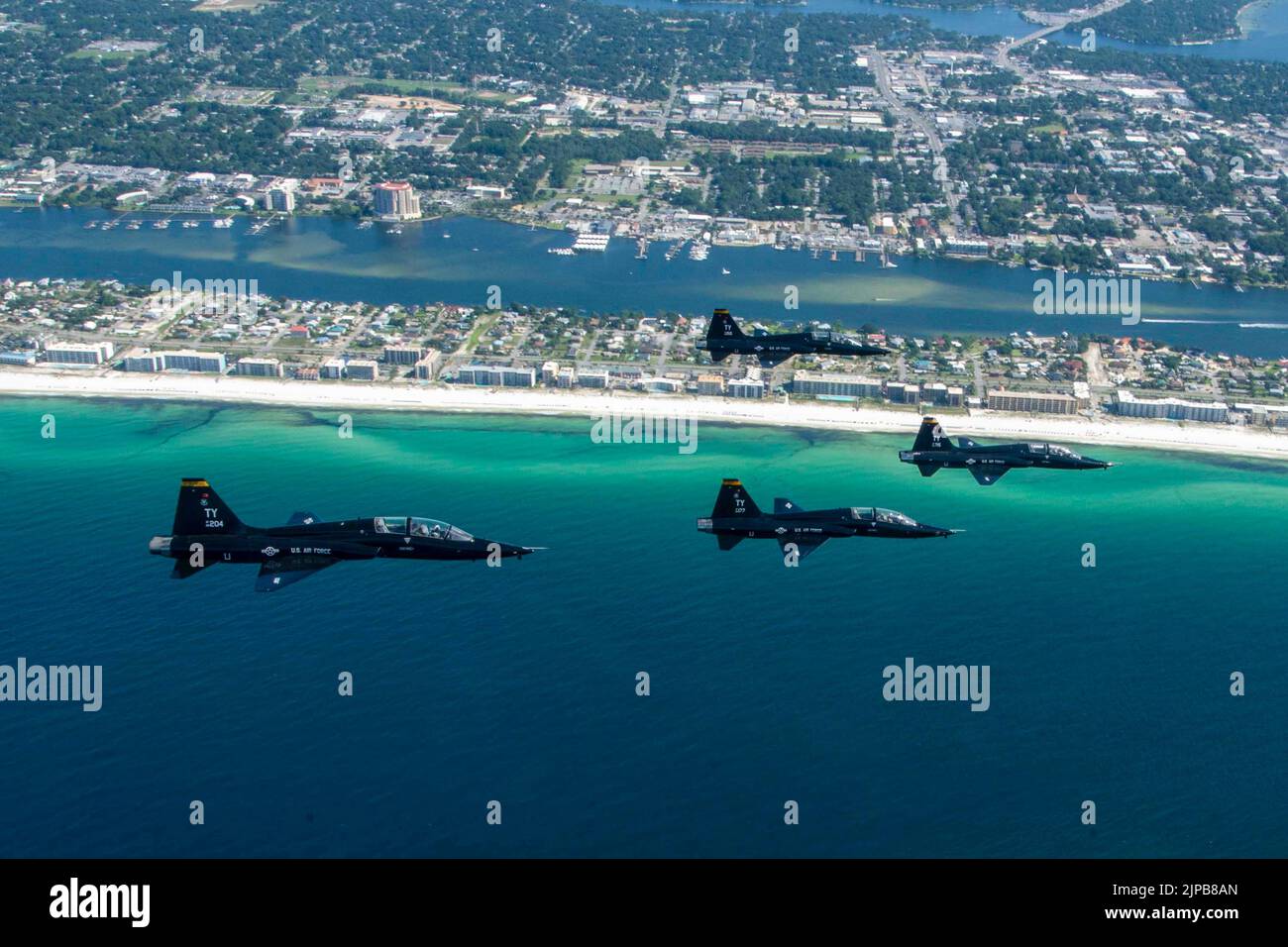 Florida, USA. 6th Aug, 2022. Four U.S. Air Force T-38A Talons assigned to the 2d Fighter Training Squadron fly over the Florida Panhandle, August. 6, 2022. The 2d FTS, stationed out of Eglin Air Force Base, Florida, provides air-to-air threat replication in support of combat and formal training units. Credit: U.S. Air Force/ZUMA Press Wire Service/ZUMAPRESS.com/Alamy Live News Stock Photo