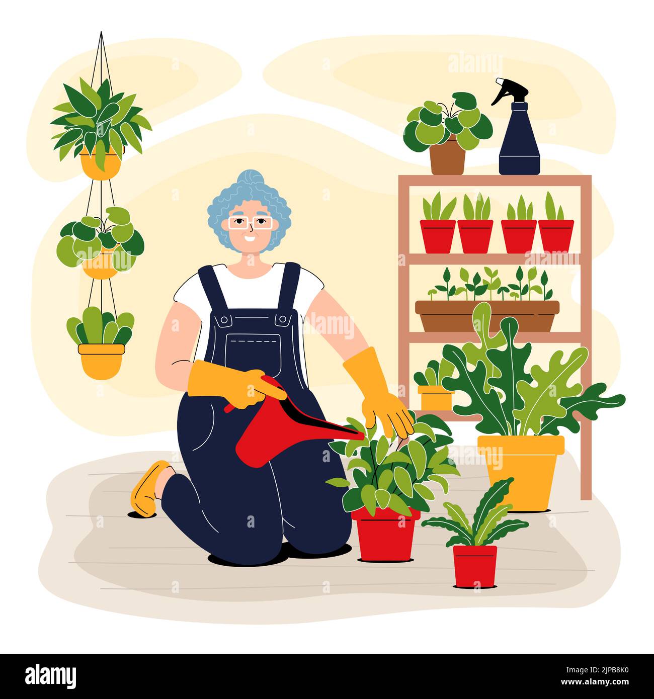 Home gardening character. Smiling elderly gardener watering flowers in a pots. Happy gray-haired woman holding watering can. Flat style illustration. Stock Vector