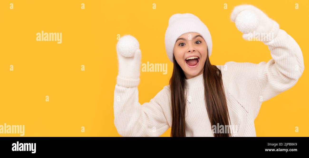 teen girl on xmas holiday fun. winter fashion. merry chistmas. happy new year. Banner of christmas child girl, studio kid winter portrait with copy Stock Photo