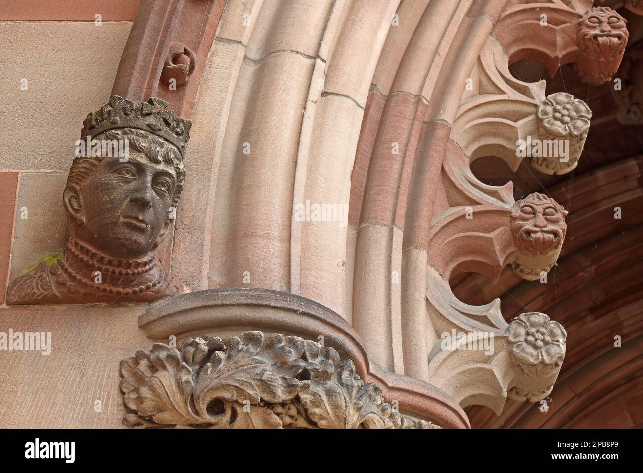 Hereford Cathedral details, faces & gargoyle , Hereford City Centre, Herefordshire, England, UK, HR1 2NG Stock Photo