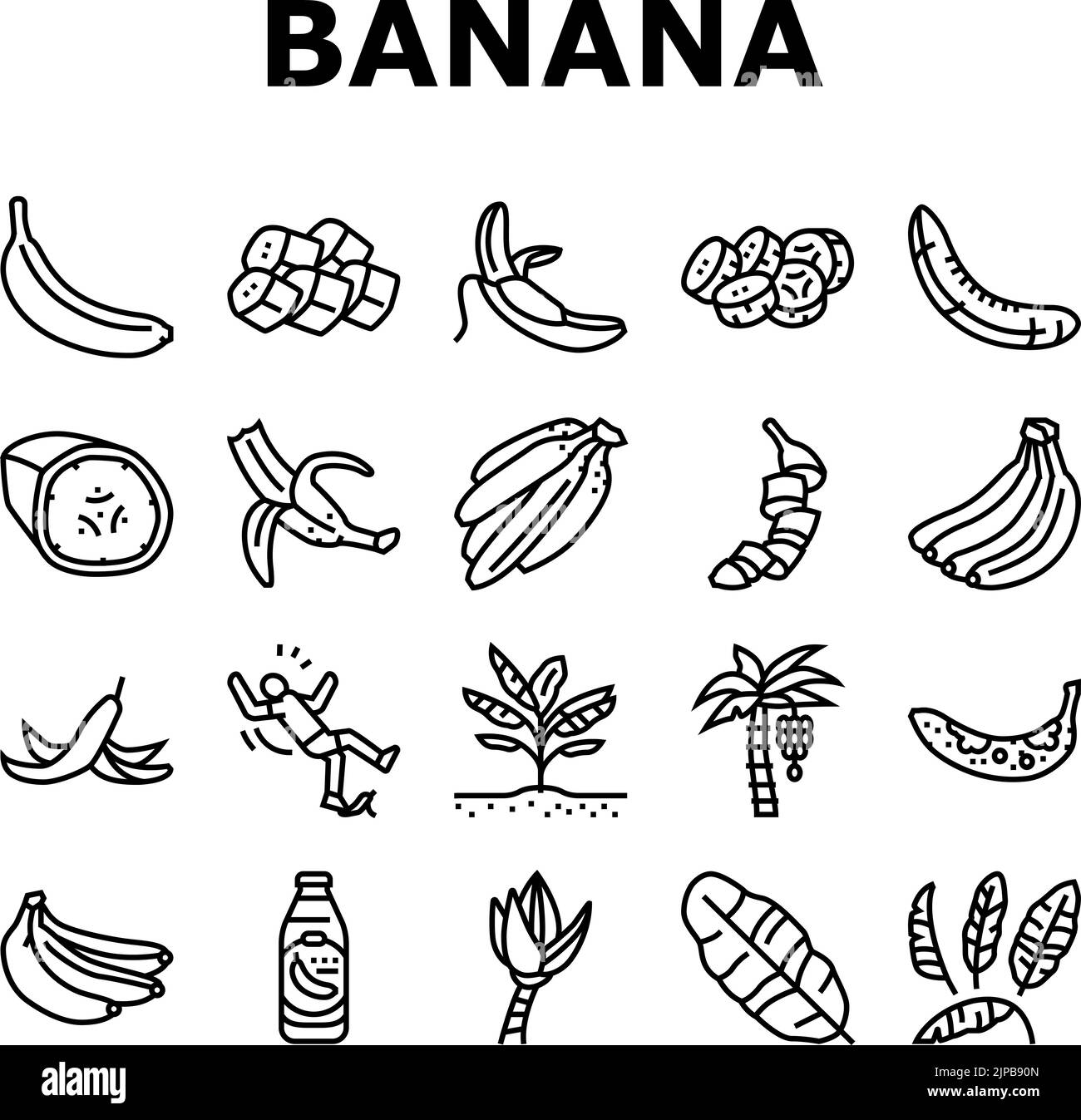 banana fruit food yellow white icons set vector Stock Vector Image