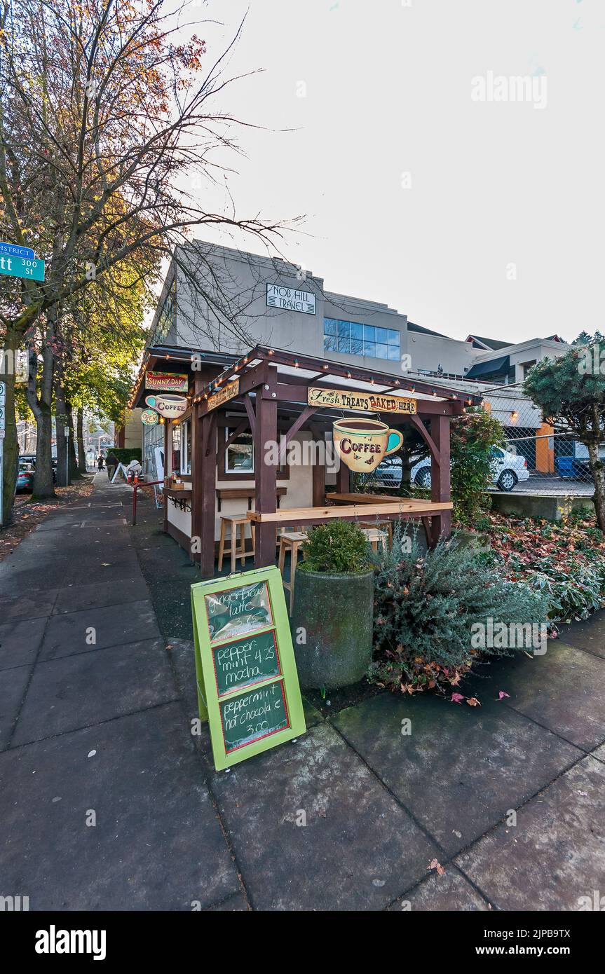 Sunny Day Coffee kiosk in the commercial district near 23rd and Everett