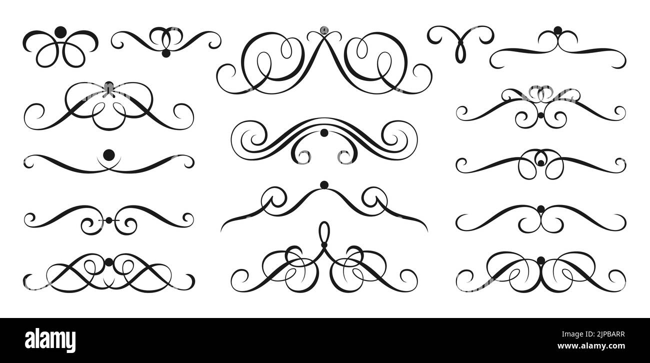 Calligraphic swash design elements. Vintage ornament swirls, abstract line scrolls. Retro flourish label border, page delimiter, text dividers. Victor Stock Vector