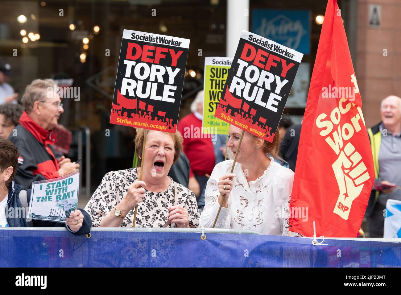Perth Concert Hall, Perth, Scotland, UK. 16th Aug, 2022. protesters gathered outside Perth Concert Hall ahead of the Conservative leadership election hustings which are being held inside. Credit: Kay Roxby/Alamy Live News Stock Photo