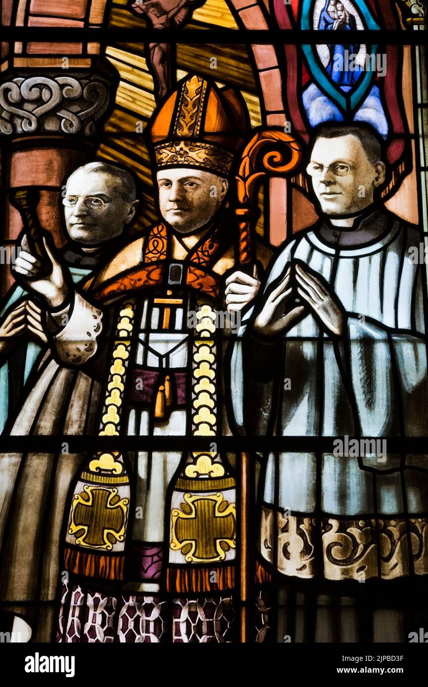 Colourful stained glass window with a religious scene, NotreDame