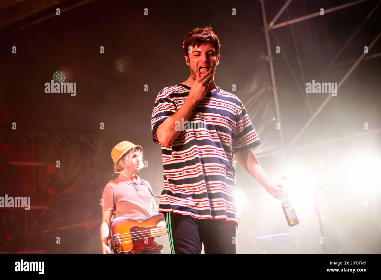 Padova, Italy. 16th Aug, 2022. Grian Chatten of Irish post-punk band Fontaines D.C. performs in a live concert at Parco Della Musica in Padova. Credit: SOPA Images Limited/Alamy Live News Stock Photo