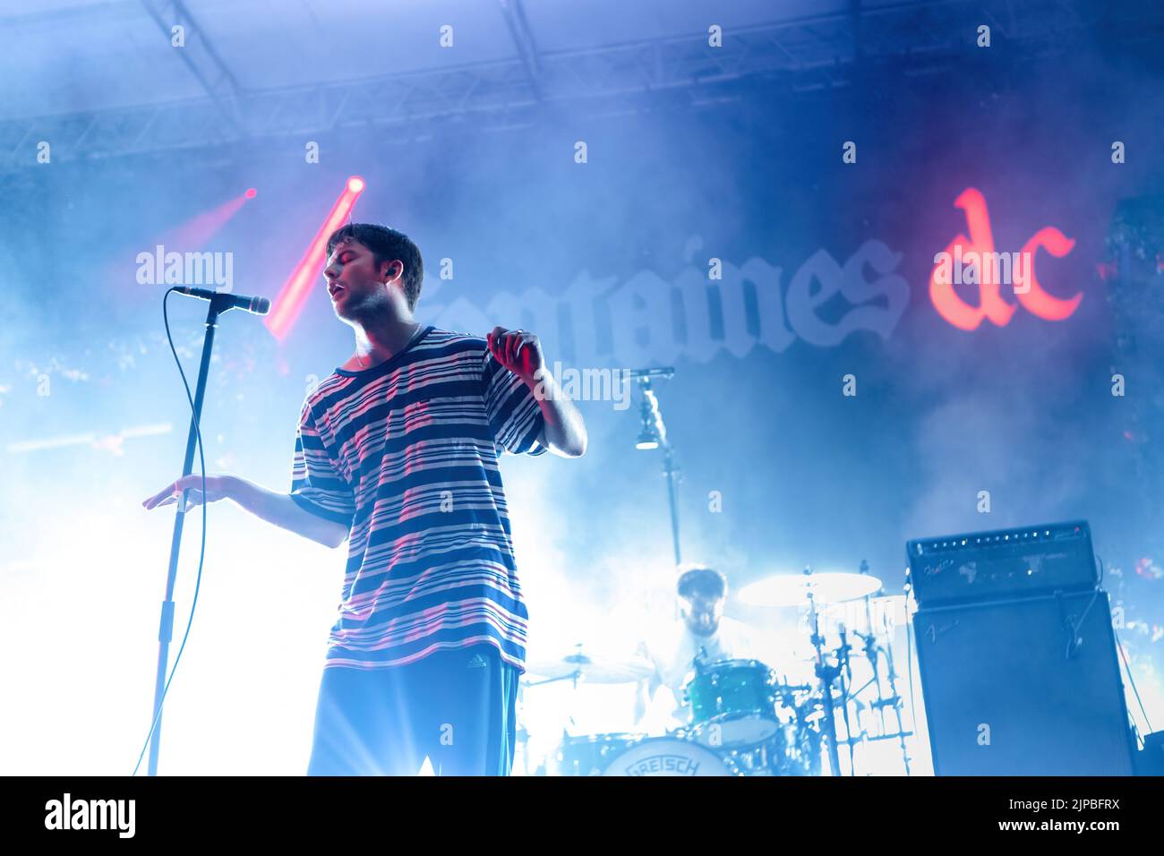 Padova, Italy. 16th Aug, 2022. Grian Chatten of Irish post-punk band Fontaines D.C. performs in a live concert at Parco Della Musica in Padova. Credit: SOPA Images Limited/Alamy Live News Stock Photo