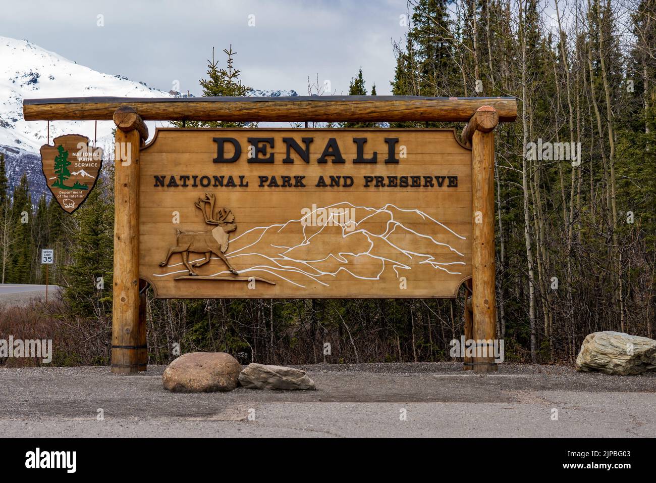 Denali National Park and Preserve Sign in Denali, Alaska Stock
