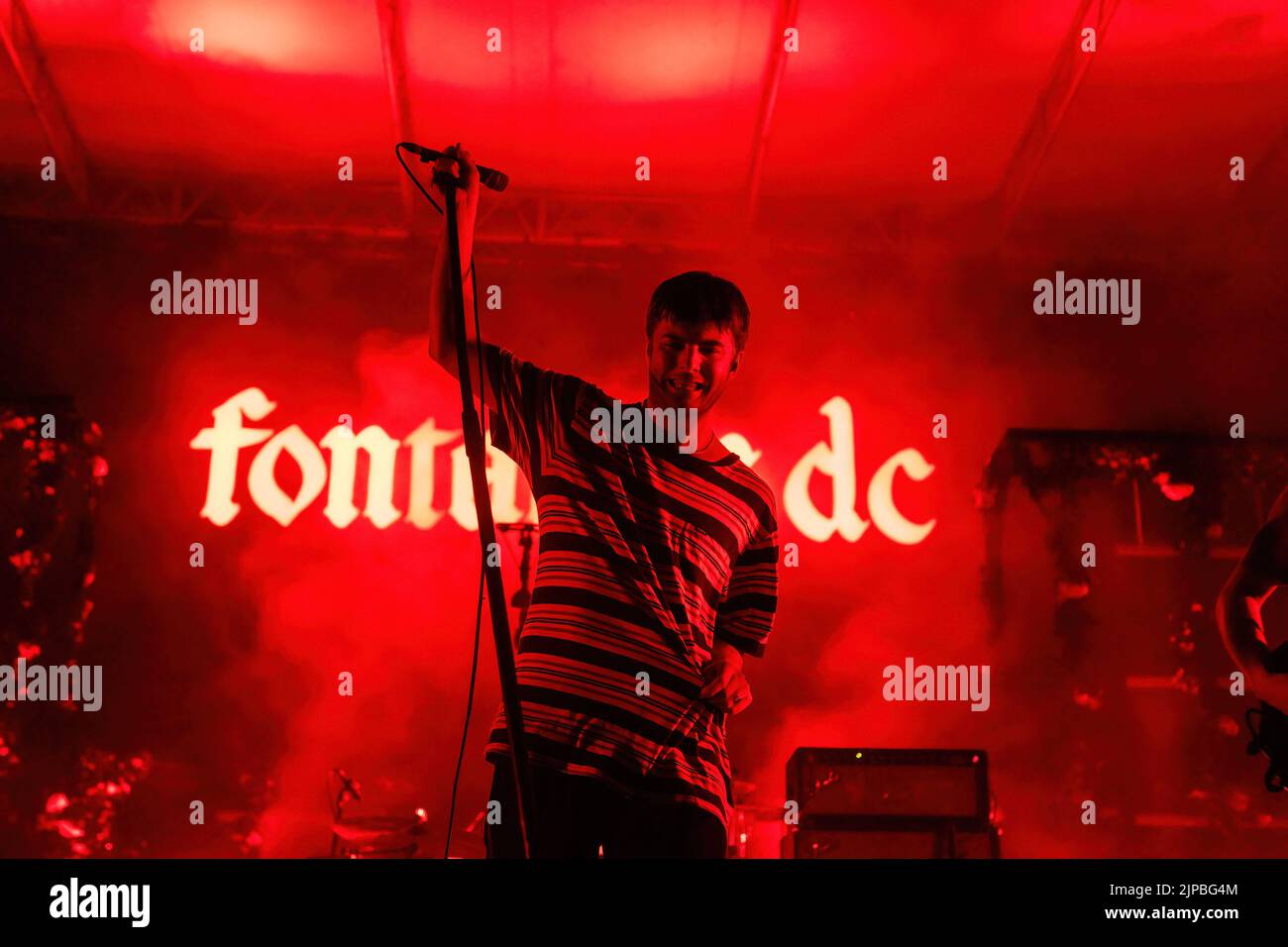 Padova, Italy. 16th Aug, 2022. Grian Chatten of Irish post-punk band Fontaines D.C. performs in a live concert at Parco Della Musica in Padova. (Photo by Mairo Cinquetti/SOPA Images/Sipa USA) Credit: Sipa USA/Alamy Live News Stock Photo
