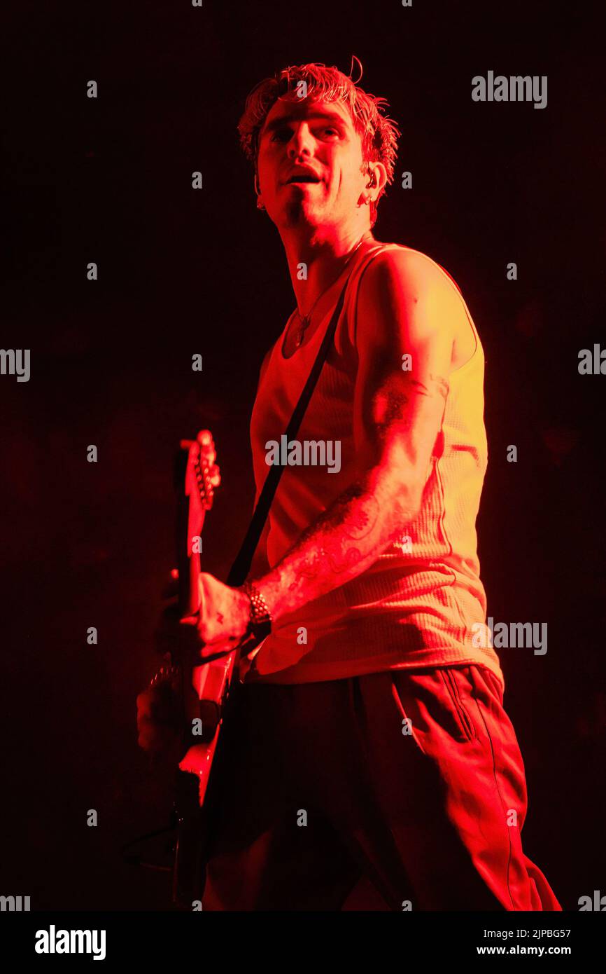 Padova, Italy. 16th Aug, 2022. Carlos O'Connell of Irish post-punk band Fontaines D.C. performs in a live concert at Parco Della Musica in Padova. (Photo by Mairo Cinquetti/SOPA Images/Sipa USA) Credit: Sipa USA/Alamy Live News Stock Photo