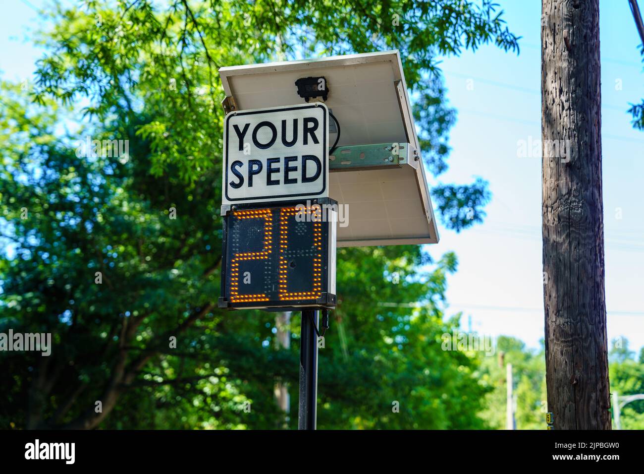 Perryville, MD, USA August 13, 2022 A Your Speed sign with readout of 20 MPH at the