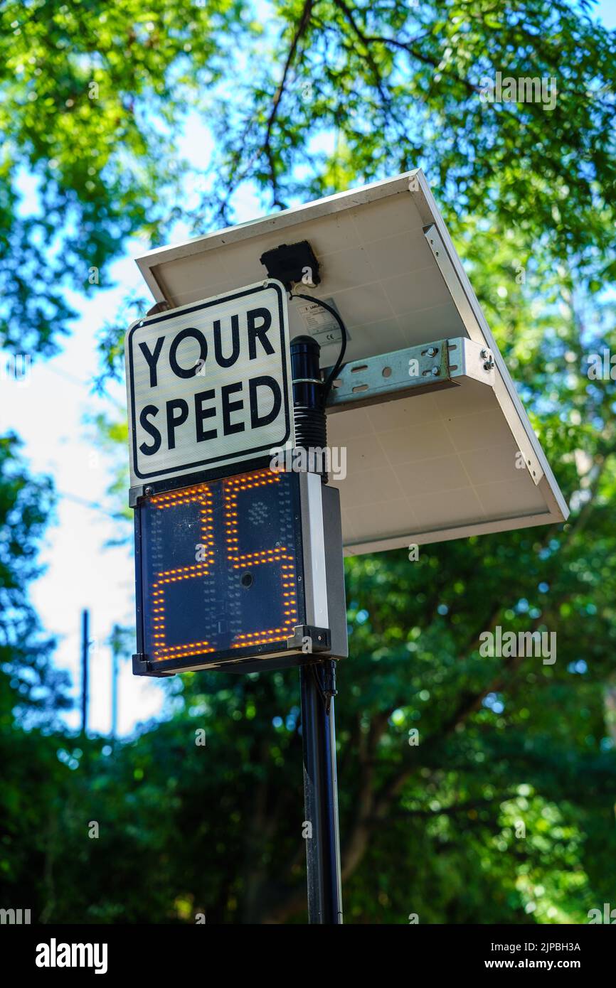 Perryville, MD, USA August 13, 2022 A Your Speed sign with readout of 205MPH at the