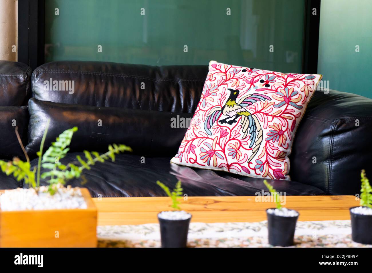 https://c8.alamy.com/comp/2JPBH9P/peacock-patterned-red-pillow-is-on-a-black-sofa-in-front-of-him-was-a-small-potted-plant-on-a-brown-wooden-table-2JPBH9P.jpg