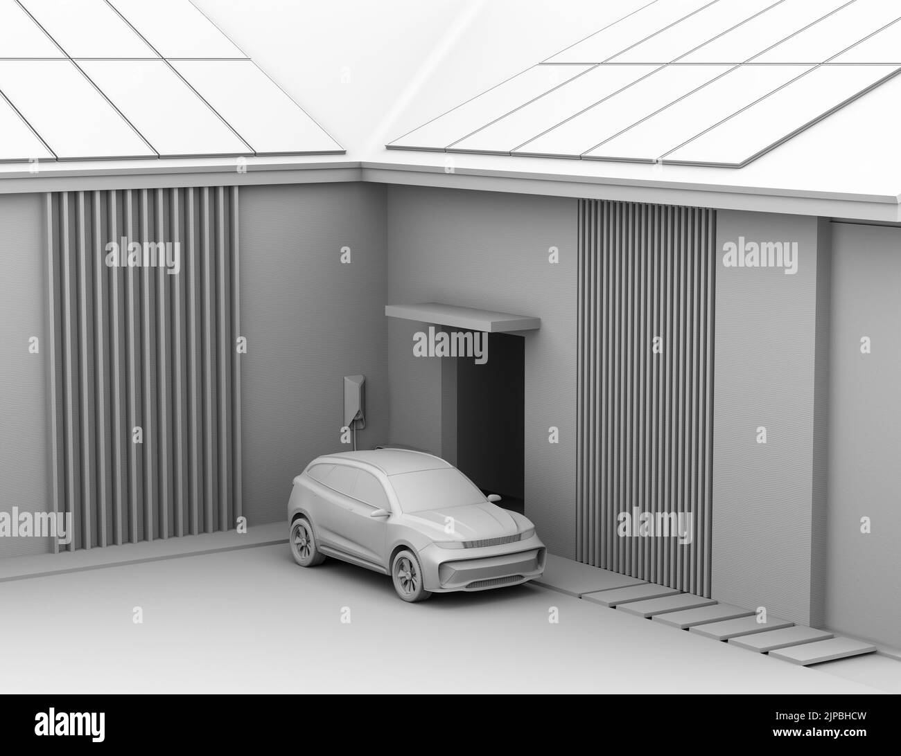 Clay rendering of electric SUV(Generic design) charing at home garage. Power by solar energy. 3D rendering image. Stock Photo