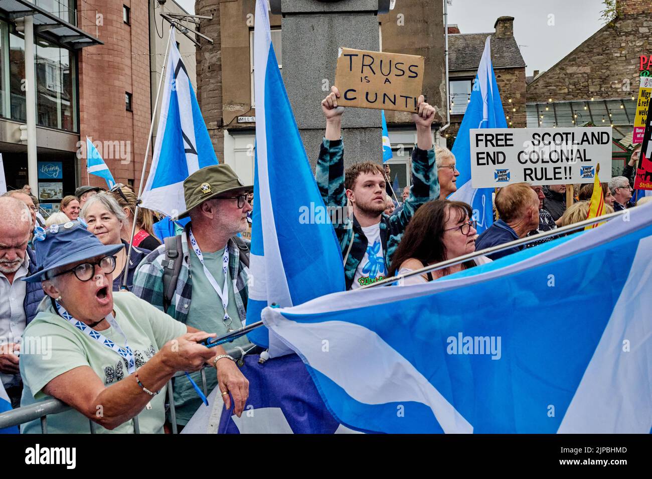 Perth Scotland, UK 16 August 2022. Protesters for a variety of causes gather outside Perth Concert Hall ahead of the Conservative Hustings that will decide the new Prime Minister. credit sst/alamy live news Stock Photo