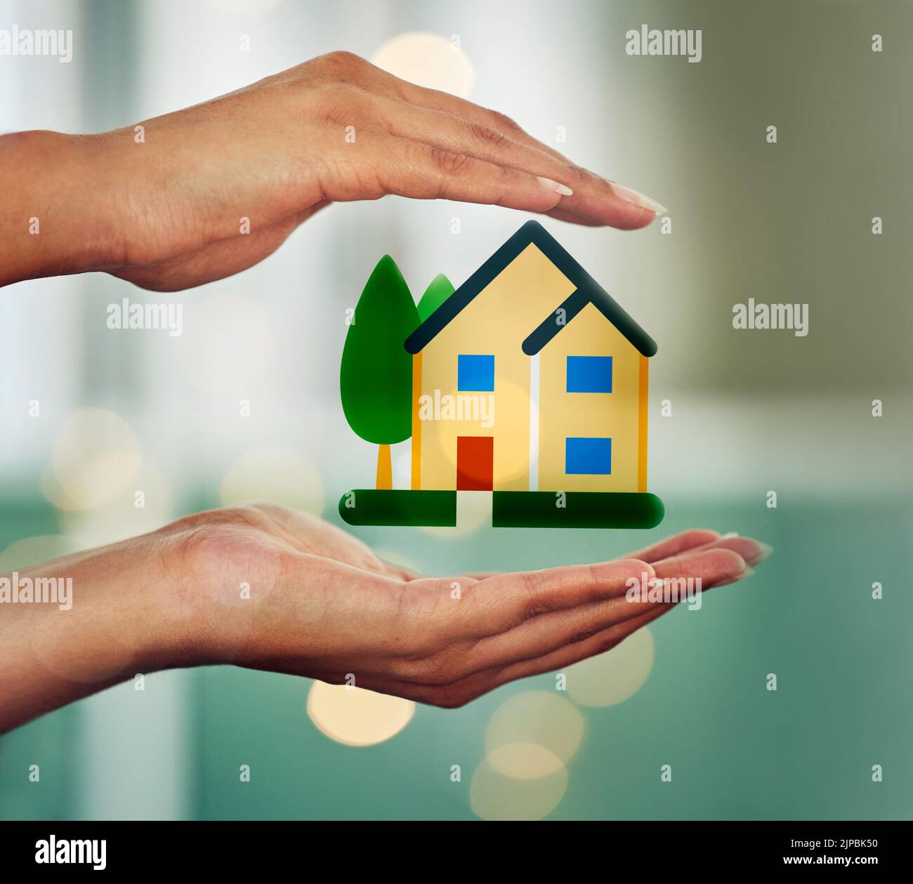 . Hands holding house, symbol of home cover, insurance or property with bokeh background. Investment, protection and security advertisement with image Stock Photo