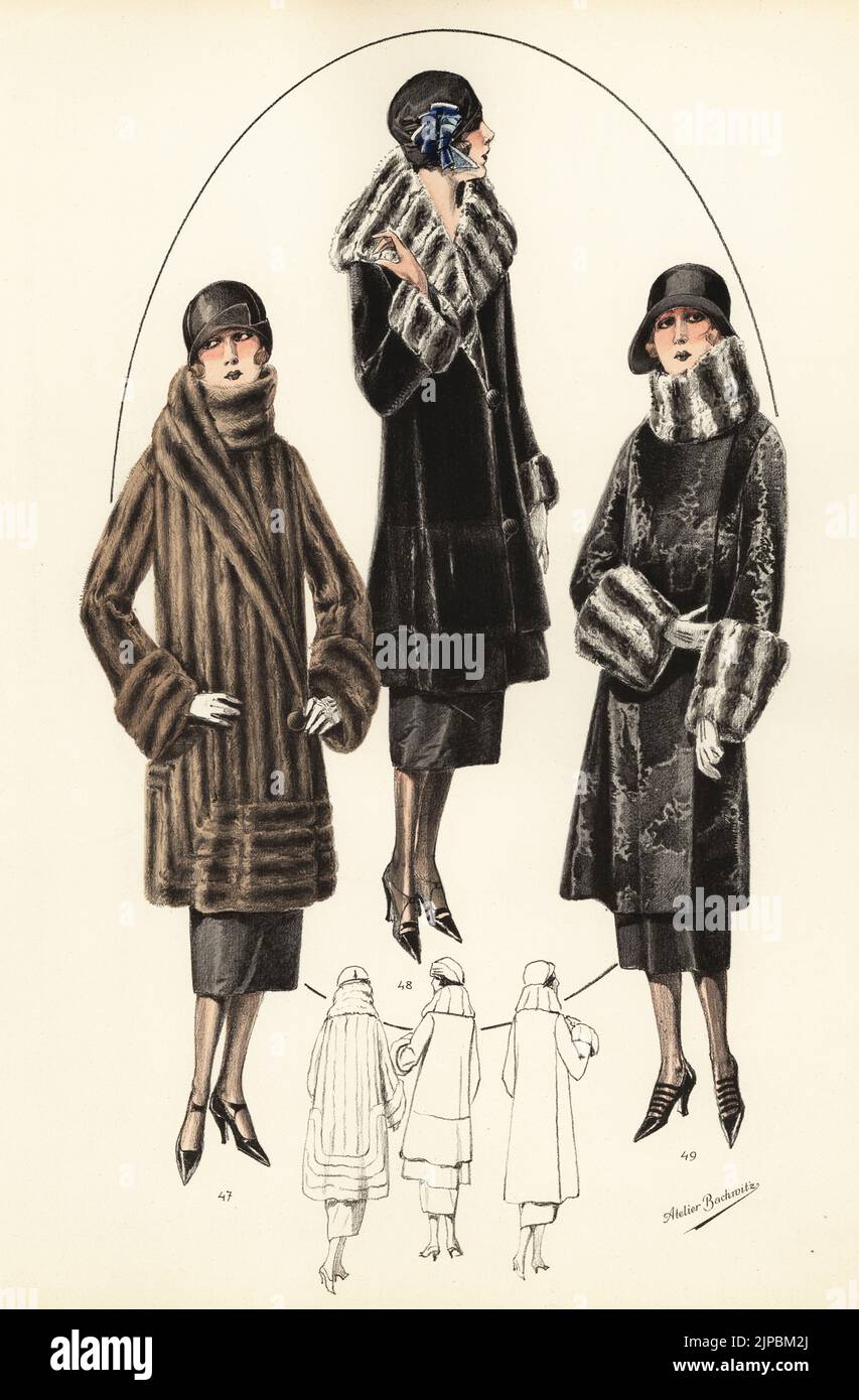 Fashionable women in cloche hats, short bob haircuts and luxurious fur coats. Knee-length jacket of mink marmot 47, coat of seal musquash with chinchilla trim 48, long jacket of baby lamb with chinchilla trim 49. Handcoloured lithograph from Modeles Originaux de Fourrures, Original Models in Fur, No. 17, Atelier Bachwitz, Vienna, 1926. Stock Photo