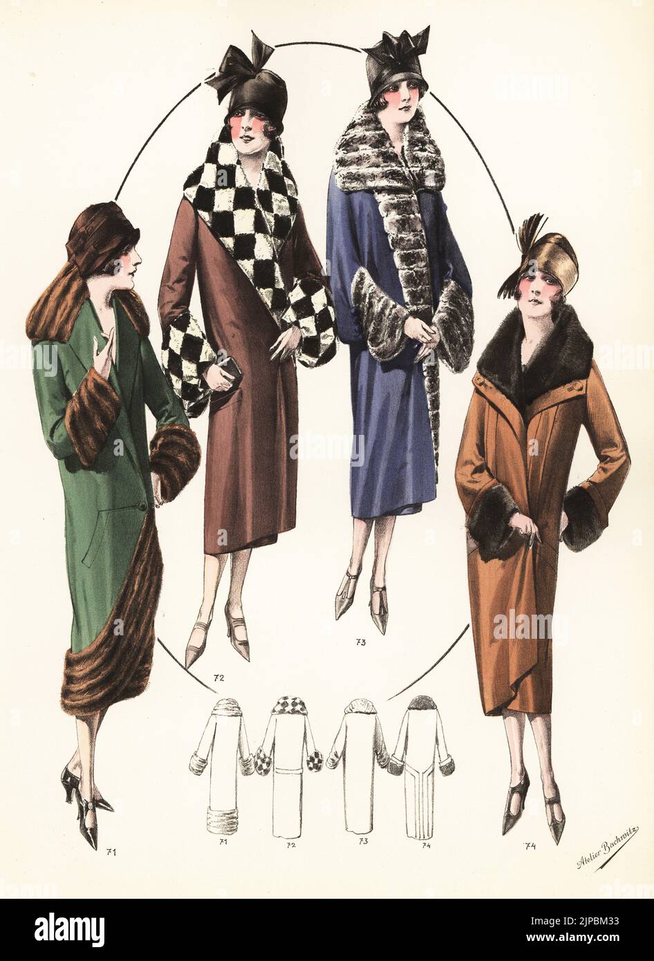 Fashionable women in fur coats and cloche hats with wide ribbons. Coat of kasha cloth with sable trim 71, promenade coat with beaver and ermine trim 72, velvet wool coat with chinchilla trim 73, kasha coat with nutria or coypu trim 74. Handcoloured lithograph from Modeles Originaux de Fourrures, Original Models in Fur, No. 17, Atelier Bachwitz, Vienna, 1926. Stock Photo