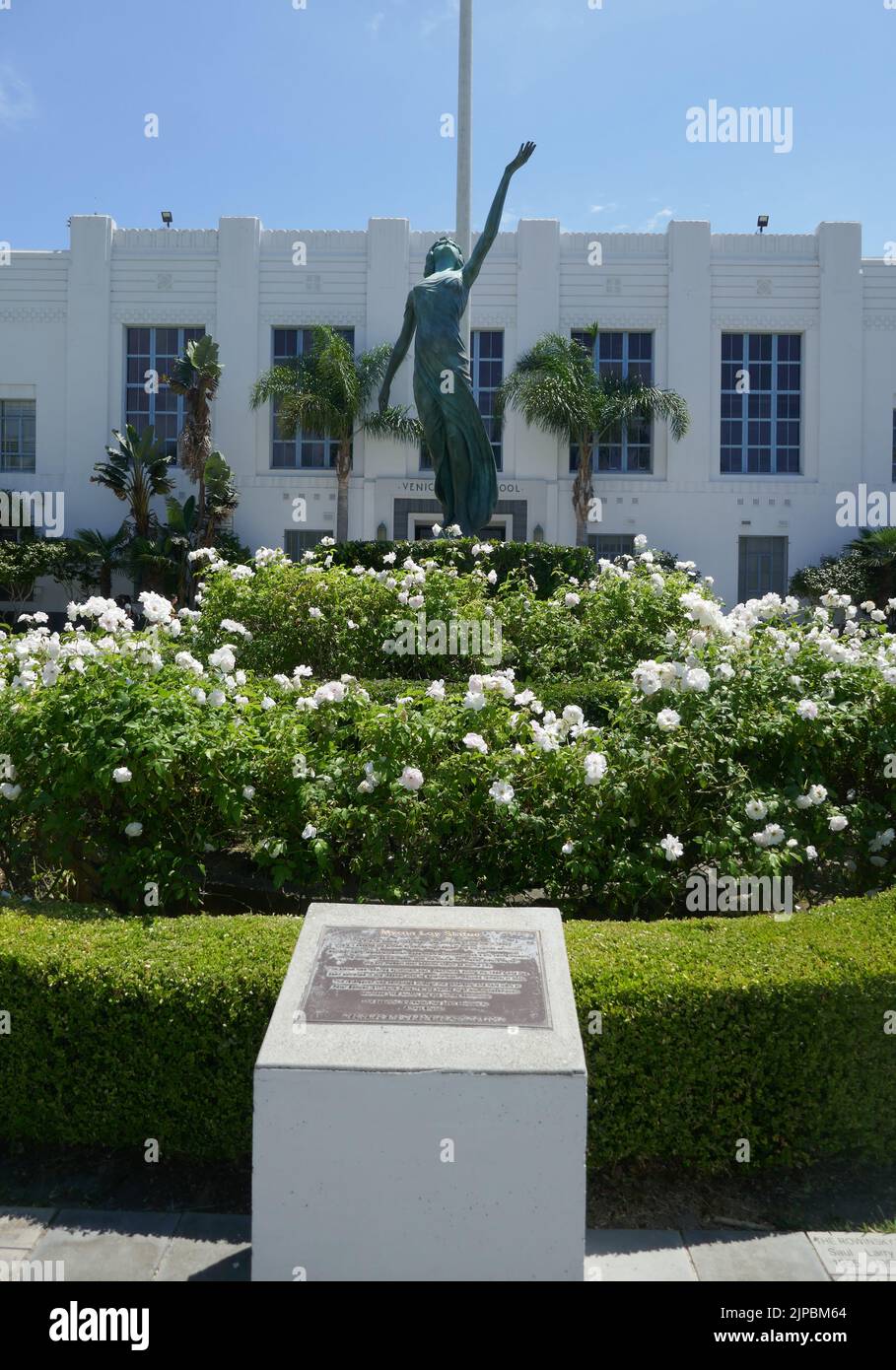 Los Angeles, California, USA 16th August 2022 Actress Myrna Loy Statue at Venice High School where Olivia Newton-John and John Travolta filmed the Movie Grease, Rydell High School, Singer Britney Spears filmed Baby One More Time Video, American History X and Nightmare on Elm Street 4 movies filmed and more at Venice High School at 13000 Venice Blvd on August 16, 2022  in Los Angeles, California, USA. Photo by Barry King/Alamy Stock Photo Stock Photo