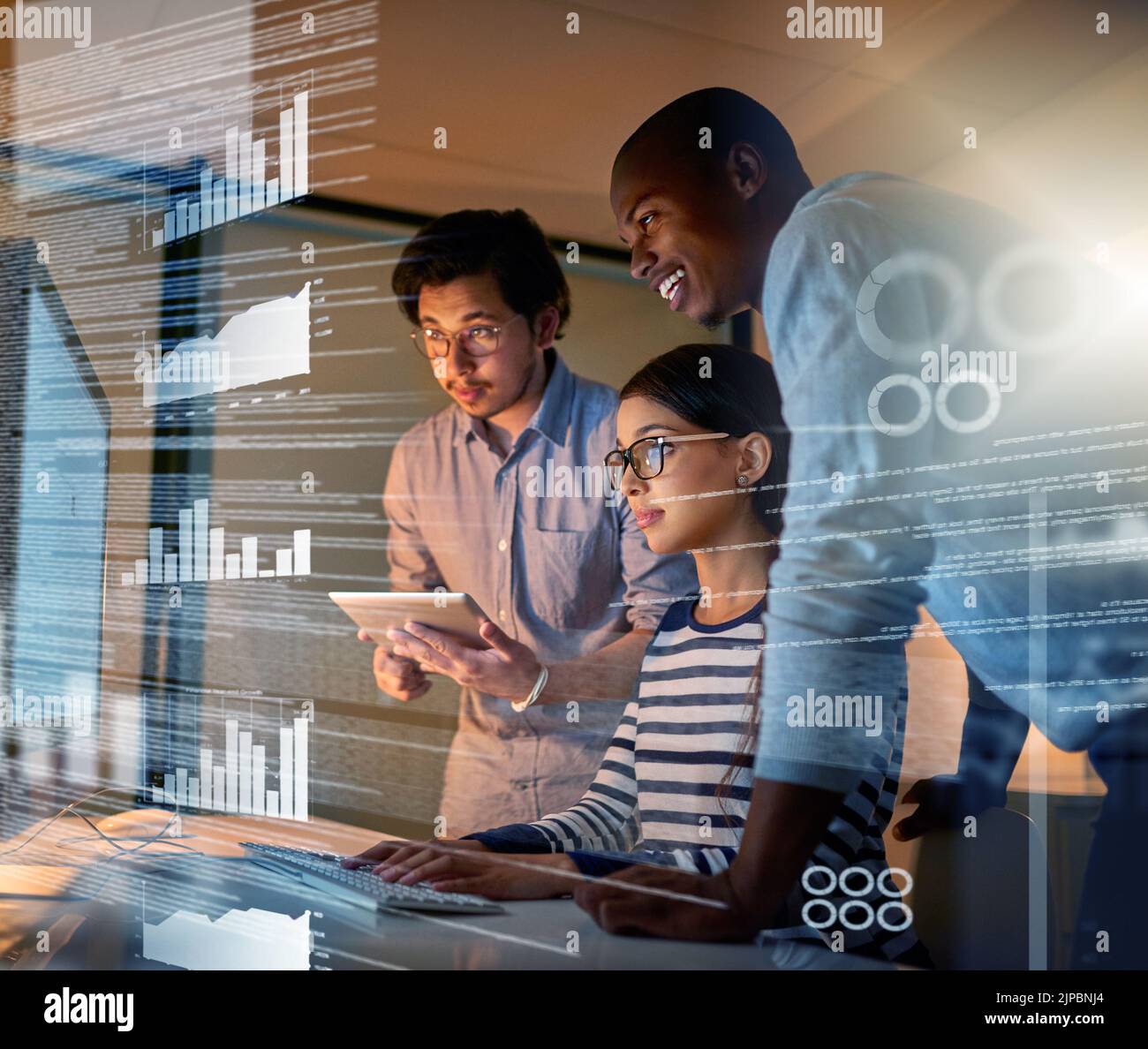 Upgrading the software together. computer programmers looking through ...