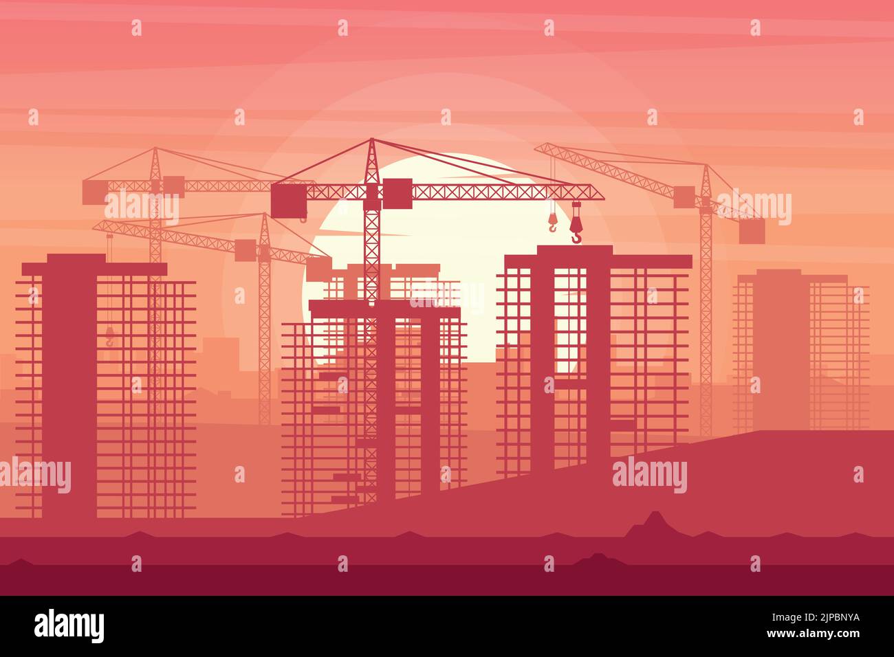 Background landscape of a city under construction with cranes in a sunset Stock Vector