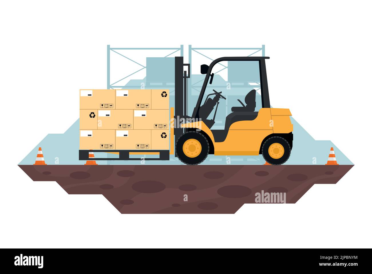 Forklift truck transporting boxes in a warehouse. Heavy machinery used in industry. safety cones Stock Vector
