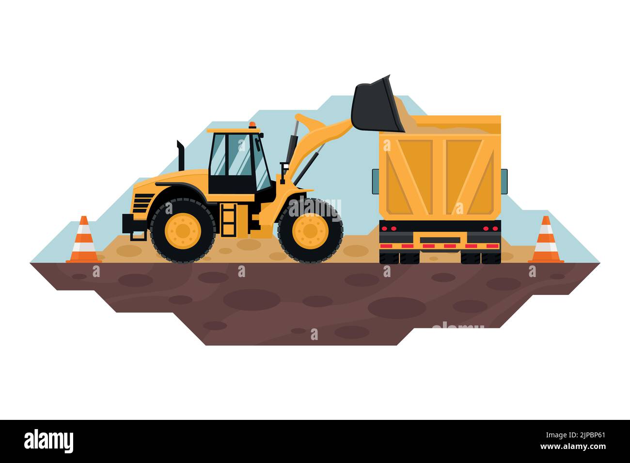 Front loader filling a dump truck with safety cones, heavy machinery used in the construction and mining industry Stock Vector