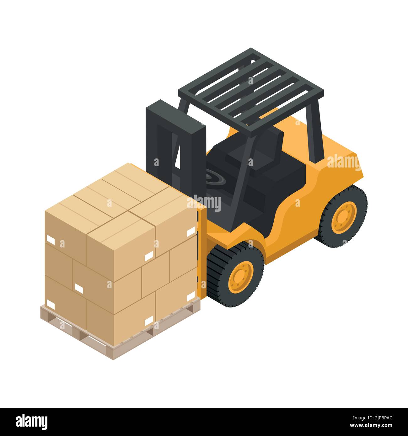 Isometric 3D forklift truck transporting boxes from warehouse. Heavy ...