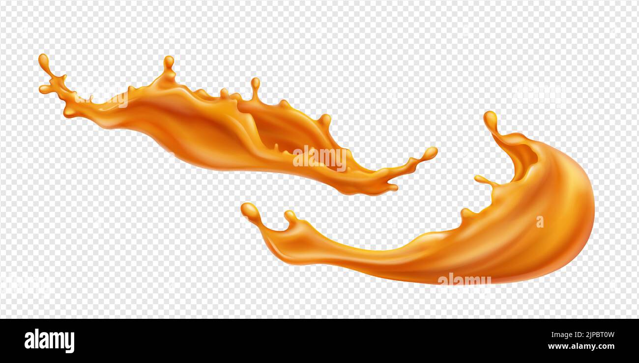 Caramel splash, sweet liquid candy swirls, wave splashing with droplets