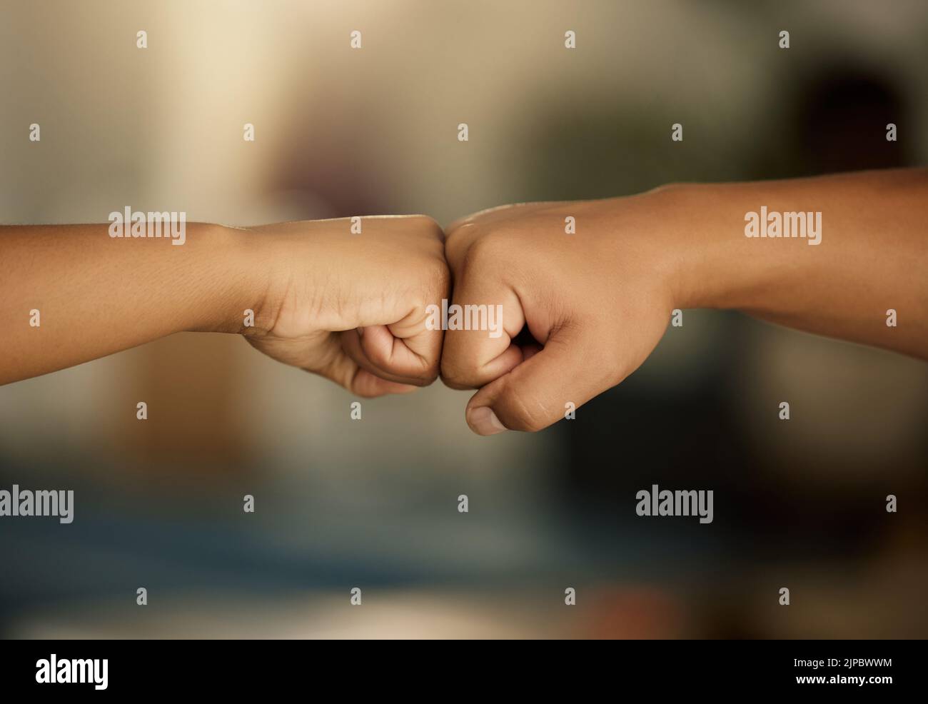 Power, teamwork and solidarity fist bump gesture of people showing support, success or achieving goal. Celebrating, winning hands doing greeting as Stock Photo