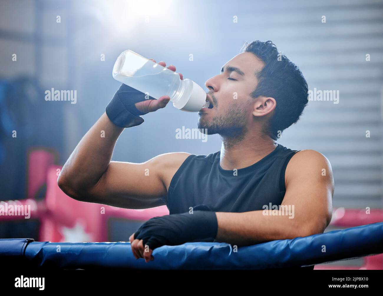 Fit, active and healthy boxer drinking water, on break and staying hydrated in routine workout, training or boxing ring exercise. Sporty, athletic or Stock Photo
