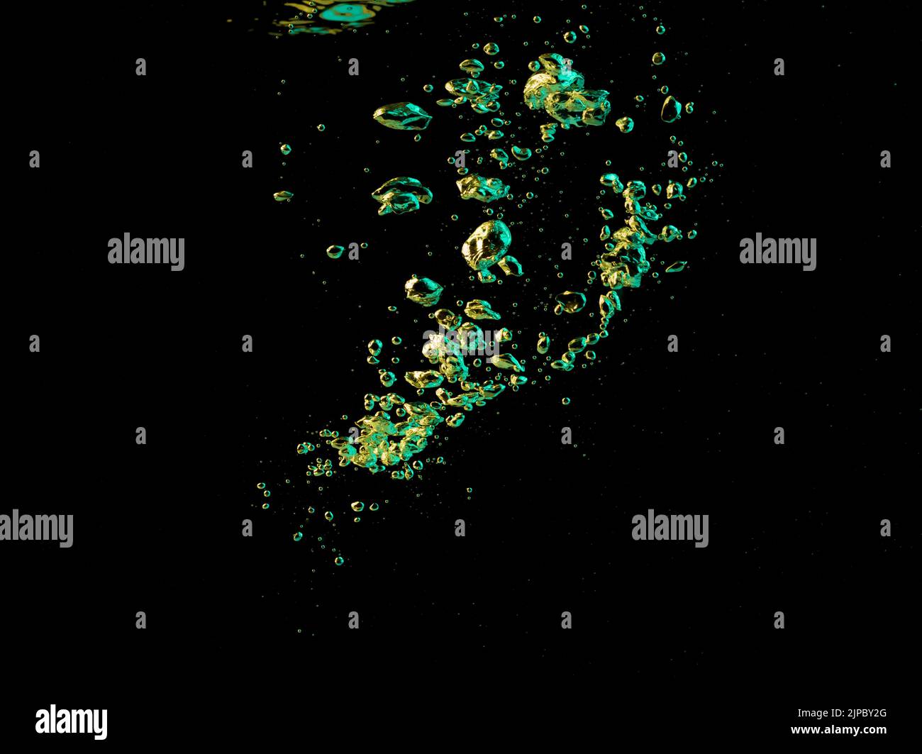 A bubble splash in transparent clear water liquid in green and yellow light on a black nature background Stock Photo