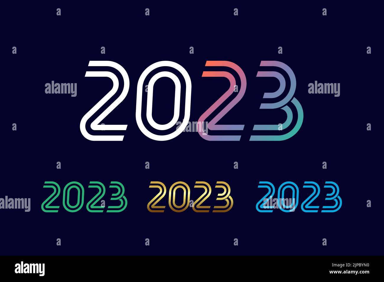 2023 happy new year numbers with colored line. Christmas banner, colorful digits on dark blue background. Graphic numbers vector design template Stock Vector