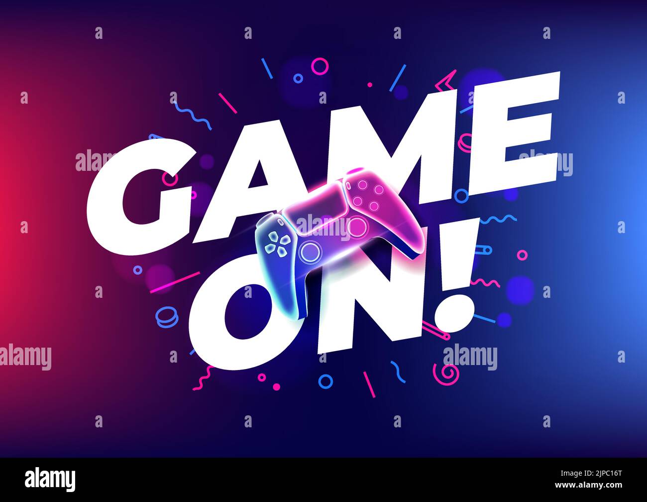 Game on, Neon game controller or joystick for game console on blue background. Stock Vector