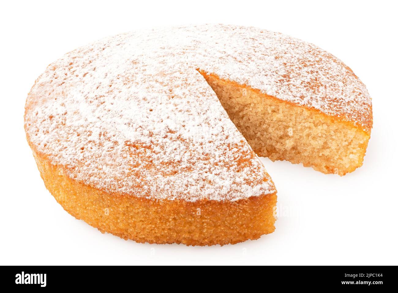 Lemon sponge cake with icing sugar topping and wedge missing isolated on white. Stock Photo
